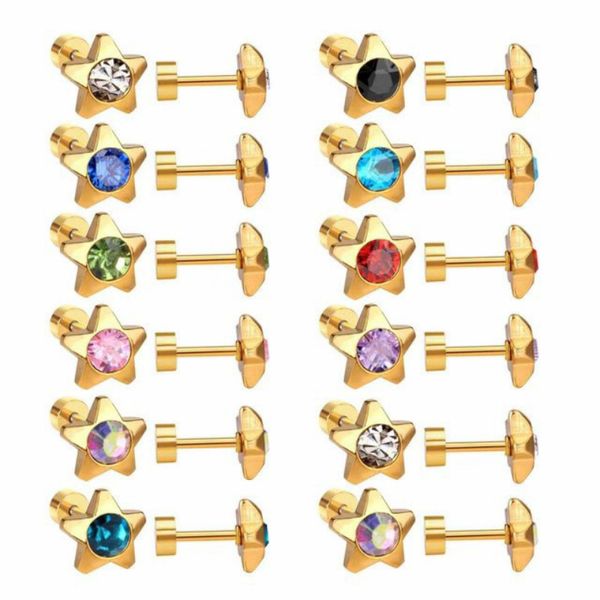 

12pairs/lot wholesale fashion earrings stud for women cz star surgical steel stud earrings screw back ear brincos piercing, Golden;silver