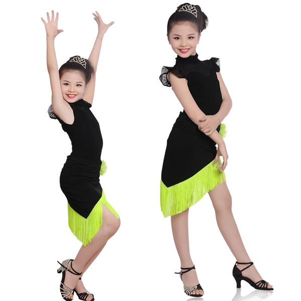 

professional girls high neck elegant tassel performance competition skirt suit child kid samba tango latin dance dress, Black;red