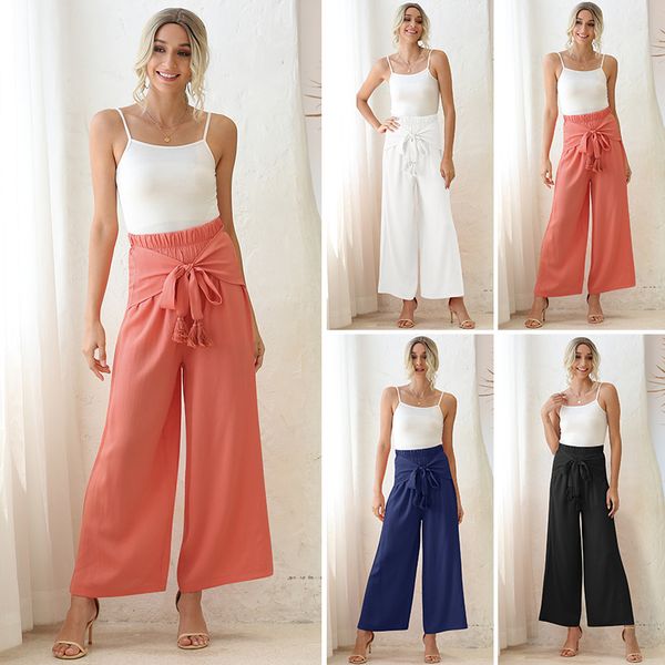 

2020 летом горячих женщин высокой талии ремни сплошного цвета широко ноги брюки для женщин изящными, Black;white