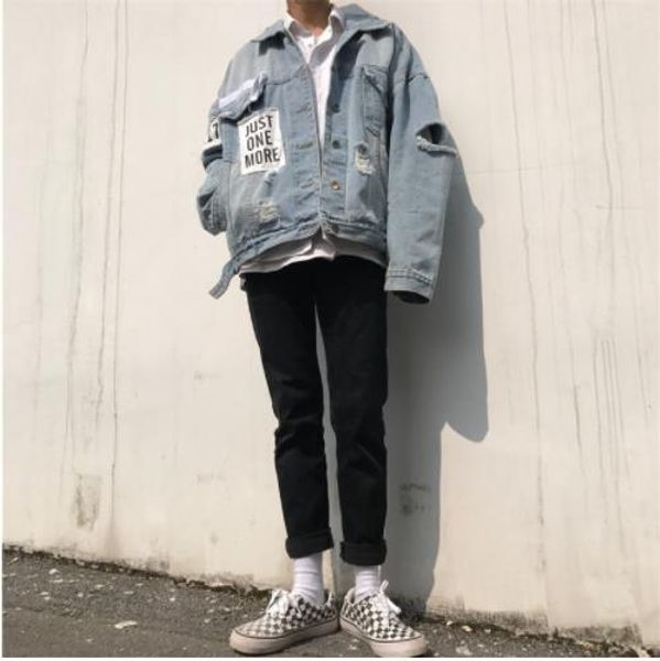 

autumn hole loose washed ulzzang jacket bf korean version of the casual tide hong kong wind cowgirl jacket, Black;brown