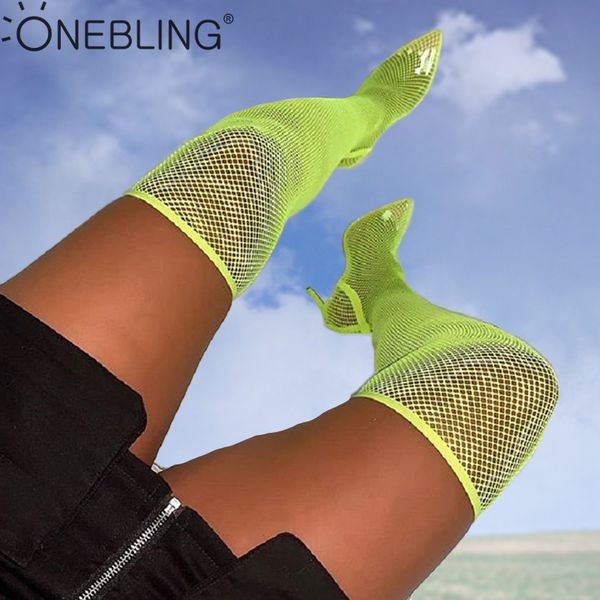 

onebling plus size over the knee fishnet mesh summer women high heel boots 2019 snakeskin print pointed toe thin heel boots, Black