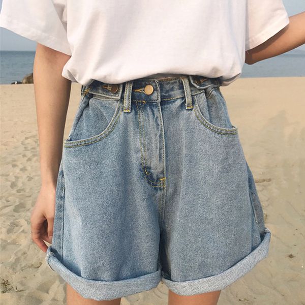 

denim vintage light blue solid fashion high waist simple 2018 new arrival loose casual female shorts, White;black