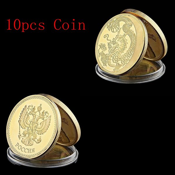 

10pcs 2014 Retail Russia Zodiac Dragon Fly Gold Plated Challenge Coin With National Emblem Collectible Gift Coins Art Collection