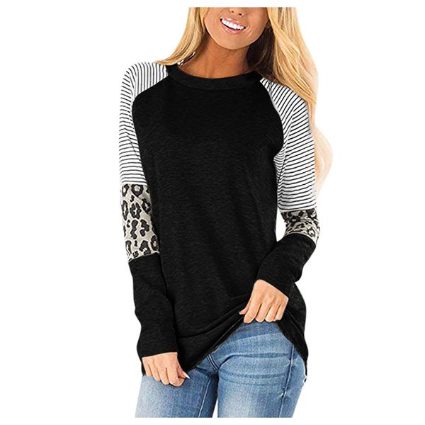 

women blouses leopard printing patchwork long sleeve striped blouse autumn oversize o-neck ladies and blouses #yj2, White