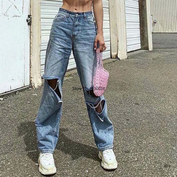 

2020 new high waist women's fashion loose destroyed hole denim mopping pants casual vintage wide leg jeans trousers, Blue