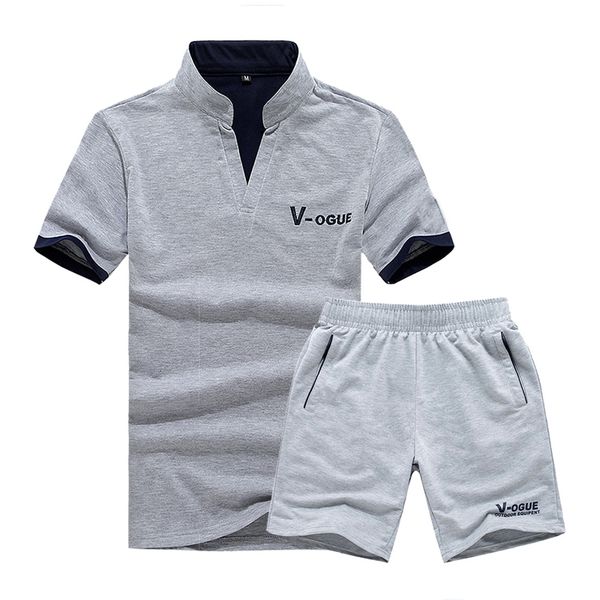 

men's sportswear brand casual suit men active tracksuits mens stand collar suit two piece summer shorts set vetement homme -3xl, Gray