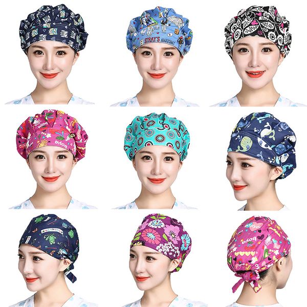 

scrubs hats adjustable head printed cartoon caps mujer cotton cover flower sombrero washable caps bouffant workwear hats gircb, White;black