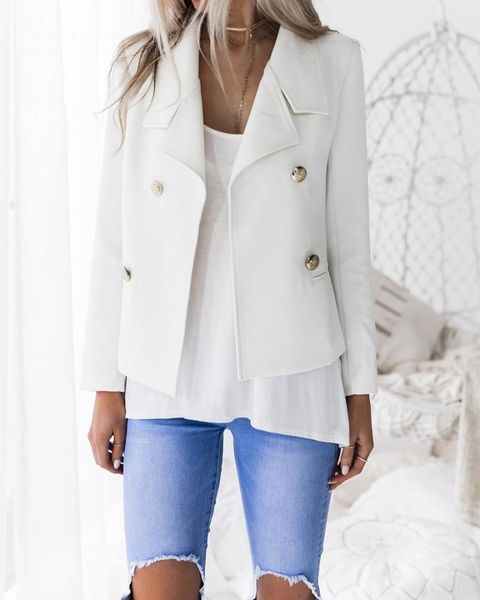 

women white blazer double breasted casual jacket notched collar female jackets fashion suits outwear spring autumn coat, White;black