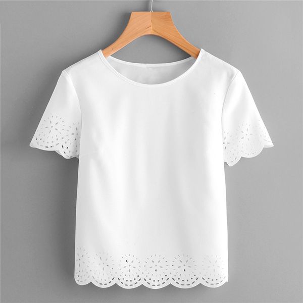 

blouse woman women summer round neck short sleeve blouse white laser cut scallop hem plain women casual solid blouse