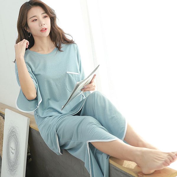 

two piece pajamas set women autumn home wear suits casual modal pyjamas women 2019 loose half t shirt+wide leg pants sleepwear, Black;red