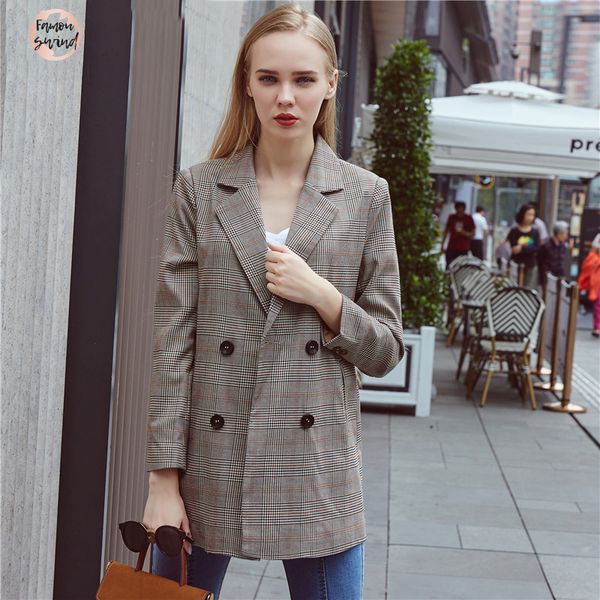 

2019 new classic женщины блейзеры хаундстут повседневный double breasted long blazer куртка офис леди зубчатый пальто, White;black