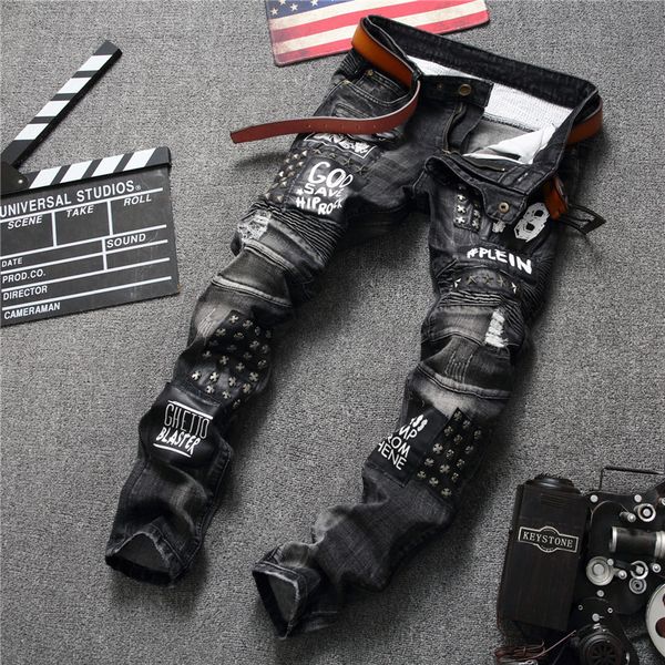 

patchwork straight embroidery rivets punk men's ripped rap skinny jeans moto jeans hip hop slim fit men biker, Blue