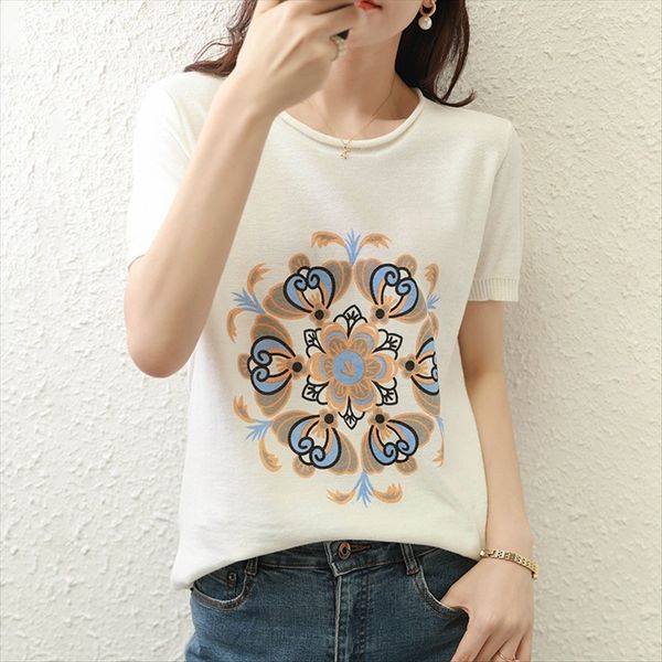 

summer 2020 jacket cotton t- and linen v-neck knitted short sleeve women's pure cotton t-shirt loose slim base shirt thin, White