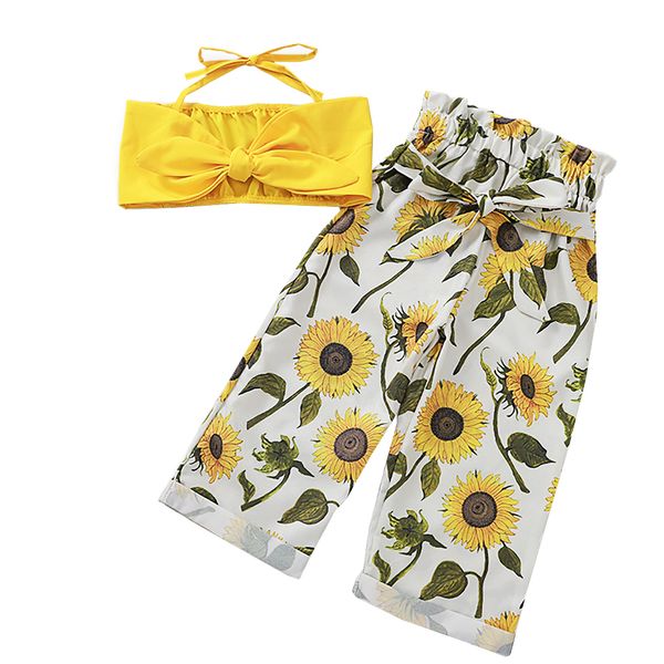 

toddler kids baby girl sunflower print bow tank +bow high waist pant two piece outfits fashion children summer clothes set, White