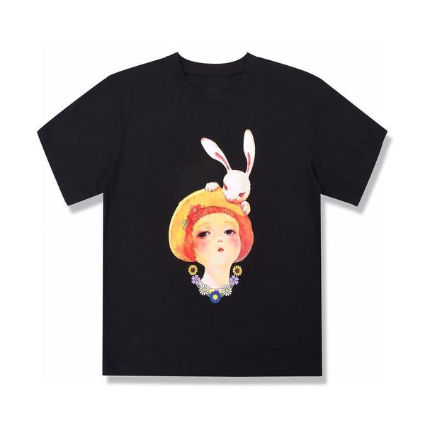 

19ss made in italy rabbit girl embroidery logo beige tee street fashion casual short sleeve shirt men women, White;black