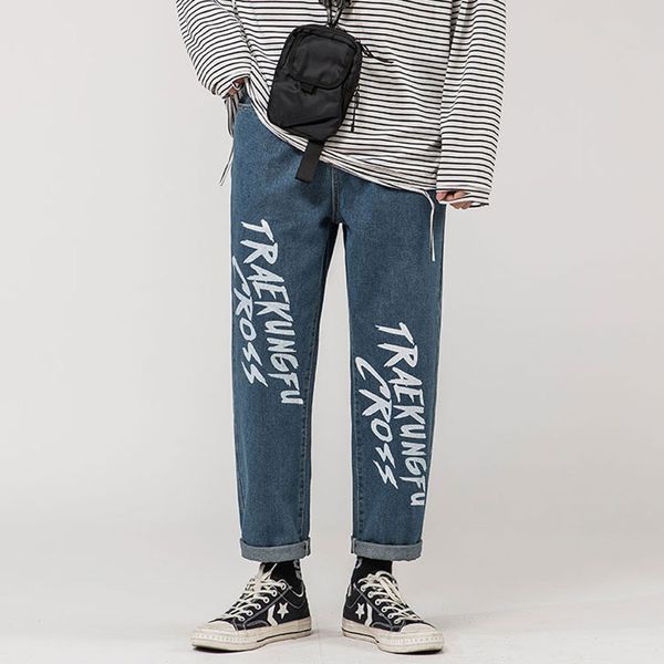 

2020 spring japanese fat and fat plus size letter printing jeans men loose straight pants hip-hop hip-hop, Black