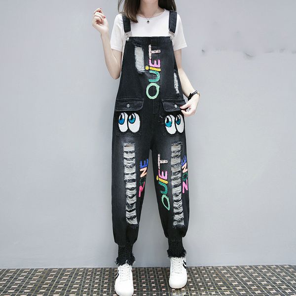 

marchwind cute girls ripped boyfriend jeans high waist plus size cartoon pattern embroidery relaxed casual skinny cropped denim overalls, Blue