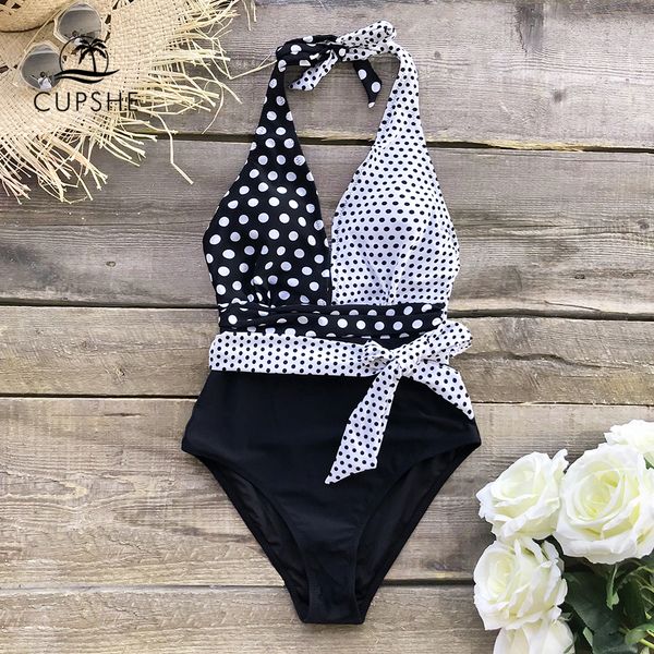 

cupshe черный и белый горошек belted холтер цельный купальник 2020 женщин сексуальный лук монокини купальников swimwear, White;black