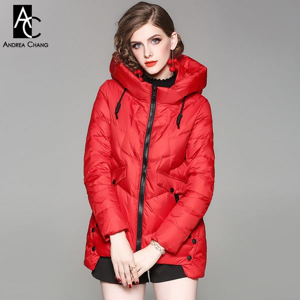 

autumn winter woman outwear white duck down fill coat with hood pockets red pink coat fashion casual down fill winter, Black