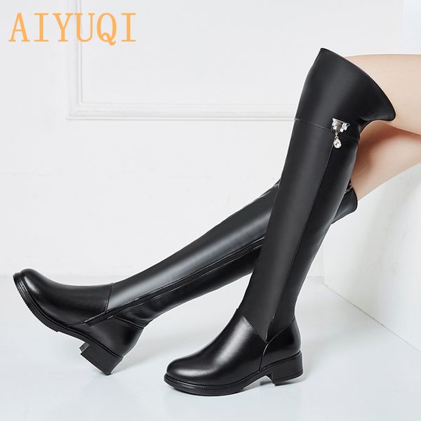 

2019 winter genuine leather knee-length boots women warm stovepipe boots plus large size 35-43 over the knee, Black