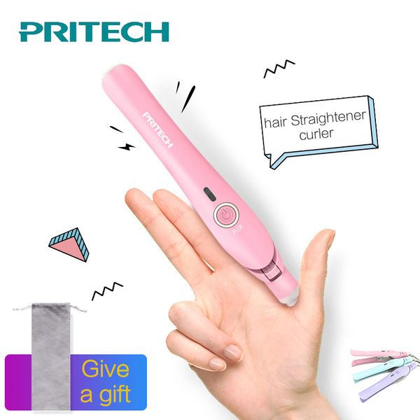 

pritech electric hair straighter professional ceramic mini hair flat iron portable wet/dry straightening irons styling tool, Black