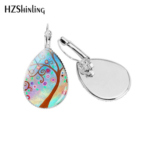 

2019 new tree of life tear drop ear clip life trees earring clips silver glass dome color trees jewelry