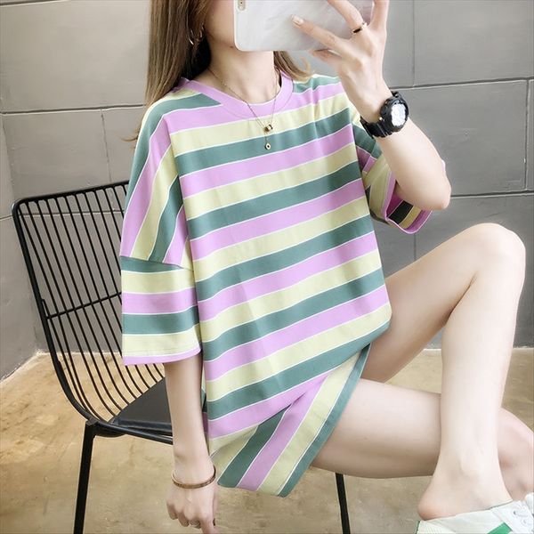 

сыпучий большого размер полосатых средние и длинные с короткими рукавами футболка женщина 2020 коротких рукавами топ майка топ женских, White