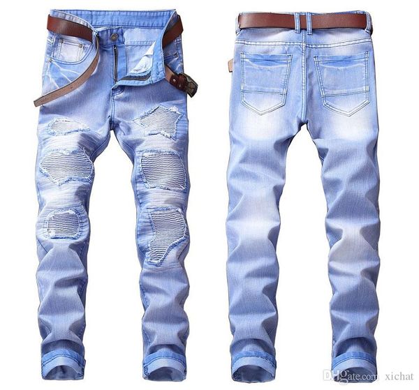

unique mens pleated panelled biker jeans fashion designer straight leg motocycle slim fit washed luxurr denim pants trousers jb604, Blue