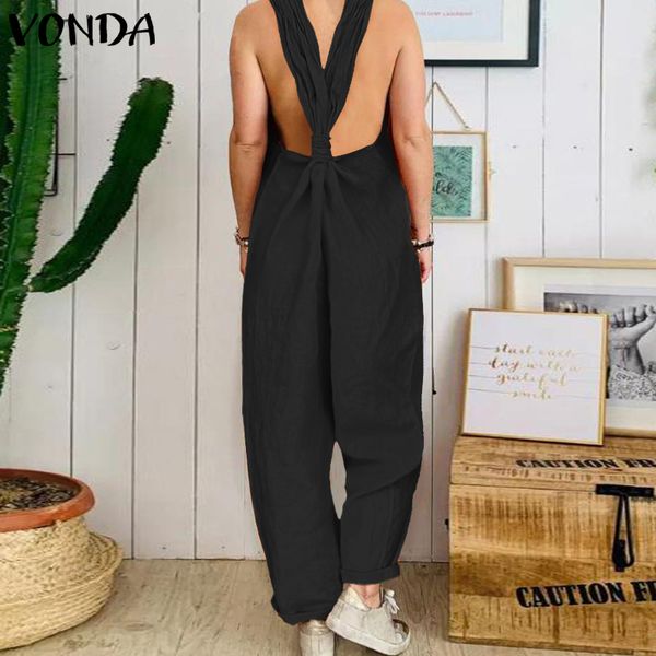 

vonda rompers womens jumpsuits vintage casual loose summer sleeveless beach playsuits bohemian overalls femme pants plus size, Black;white