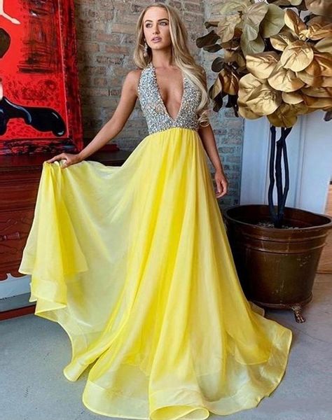 

yellow halter long prom dresses crystal illusion chiffon evening gown backless plus size boutique occasion dress, Black;red