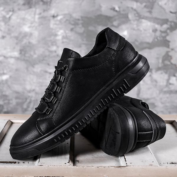 

2019 newly men's genuine leather shoes head leather soft anti-slip fashion sneakers man autumn shoes autumn and winter, Black