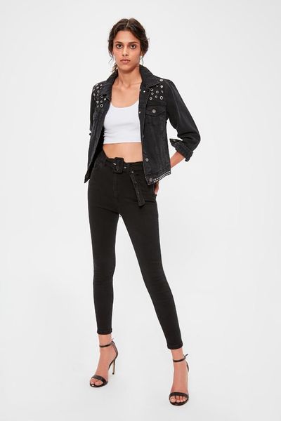 

trendyol black belt detail high waist skinny jeans twoaw20je0167, Blue