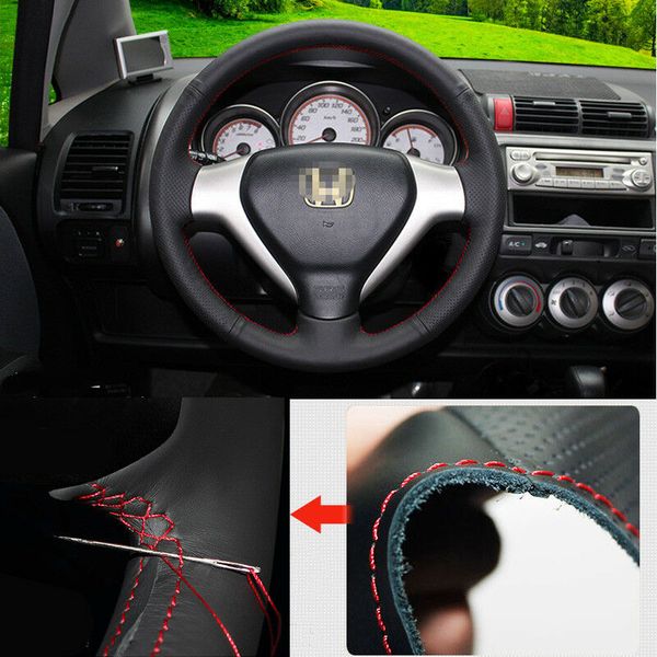 

for honda fit interior non-slip hand sewing steering wheel cover black leather
