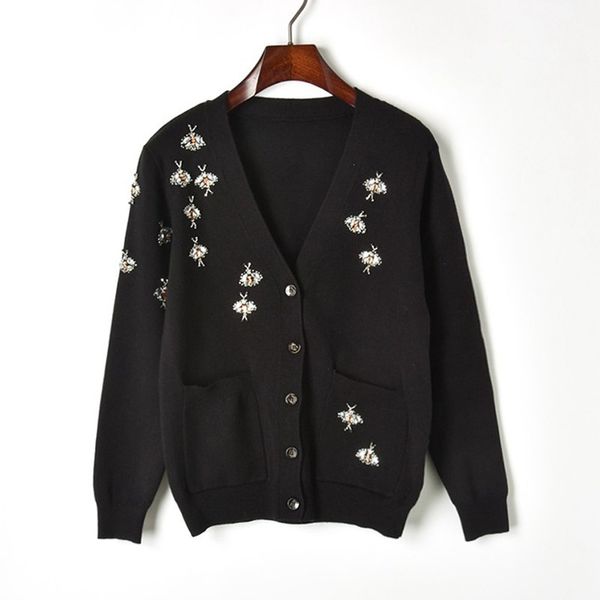 

luxury bee partten beading sweater cardigans 2019 spring new long sleeve women cardigan runway sweater fall spring knitted coat, White;black