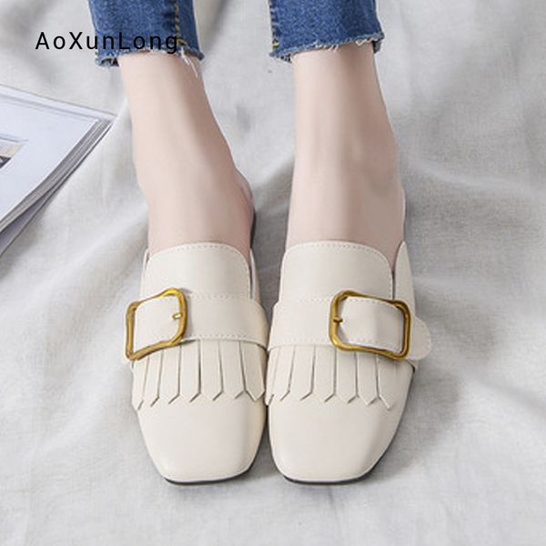 

autumn women's slippers new ladies metal buckle low-heel mules shoes fashion outside sandals leisure female leather slippers, Black