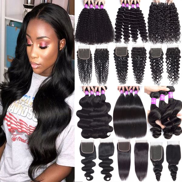 

9a malaysian deep wave curly virgin human hair bundles with closure human hair weave body wave bundles with 4x4 lace closure hair extensions, Black