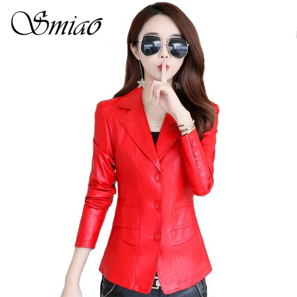 

2019 autumn soft leather jacket women single breasted motorcycle short coats fashion turn-down collar faux leather blazers, Black
