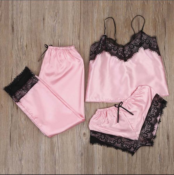 

]women's sleepwear lingerie silk like set lace pajamas sleeveless cute cami babydoll v-neck pajama mujer three piece suit, Black;white
