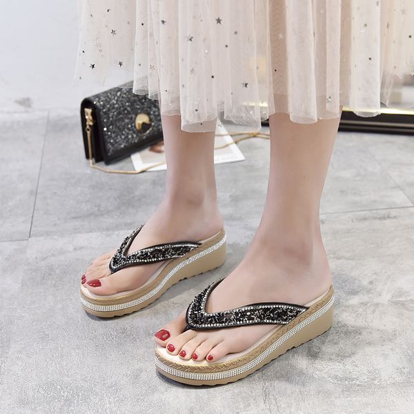 

shinning rhinestone clip toe slippers women summer shoes fashion wedge sandals outdoor trend female flip flops slippers 2020, Black