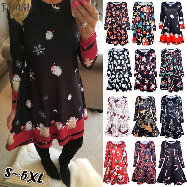 

2020 new s-5xl plus size christmas long sleeve ropa mujer print dress women clothes loose black red knee length party dresses, Black;gray