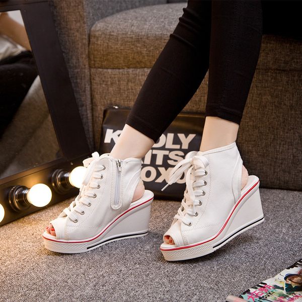 

plus size new summer wedges canvas shoes woman platform shoes ladies open toe breathable casual women platform ma-03, Black