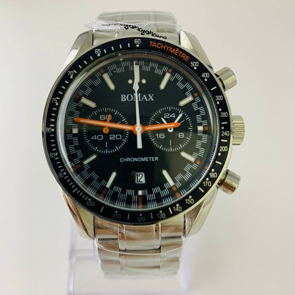 

watch men 42mm chronograph luminous japan miyota os20 movement quartz date steel strap bracelet black bezel waterproof watch a1, Slivery;brown