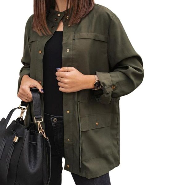 

autumn new women's casual trench coat women solid drawstring tunic casual single-breasted trench fashion sashes office jackets, Tan;black