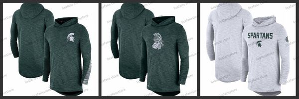 

штат мичиган спартанцы белый зеленый баскетбол slub 2019 боковой линии с длинным рукавом с капюшоном производительность топ tee печатных ком, Black