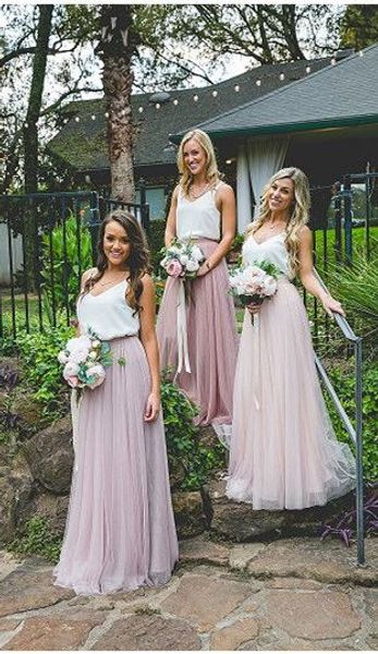 

simple country bridesmaid prom evening dresses two color white rose pink tulle ruched long wedding party bridesmaid dress cheap, White;pink