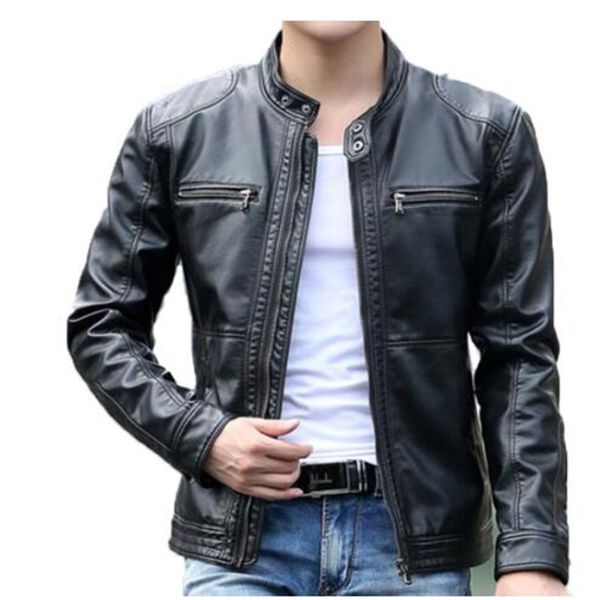 

men's leather jacket design stand collar coat men casual motorcycle leather coat mens sheepskin jackets windbreaker coats, Black