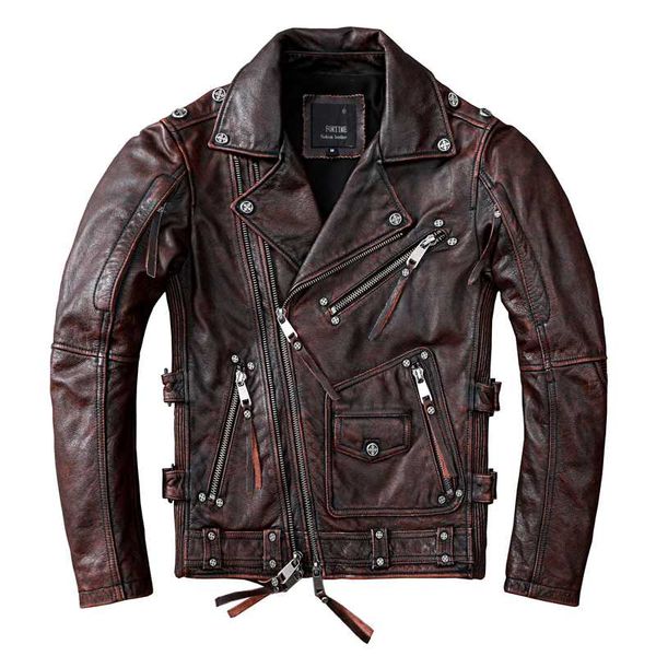 

men's genuine leather jackets vintage cowhide motorcycle jackets brand biker leather coat for male, Black
