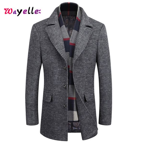 

2019 winter woolen detachable scarf trench coat business casual fit long thicken slim overcoat jacket male brand jackets, Black