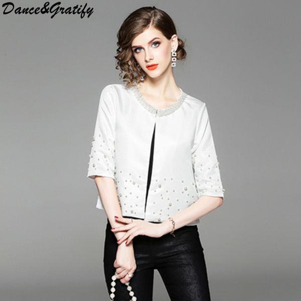 

new 2018 autumn beading jacket women half sleeve all match white short coat outerwear, Black;brown