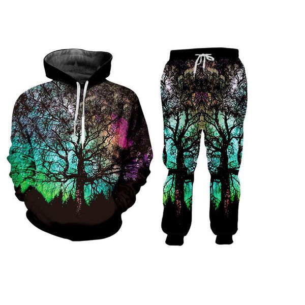 

new fashion men/womens space galaxy tree funny 3d casual print hoodie+pants, Black